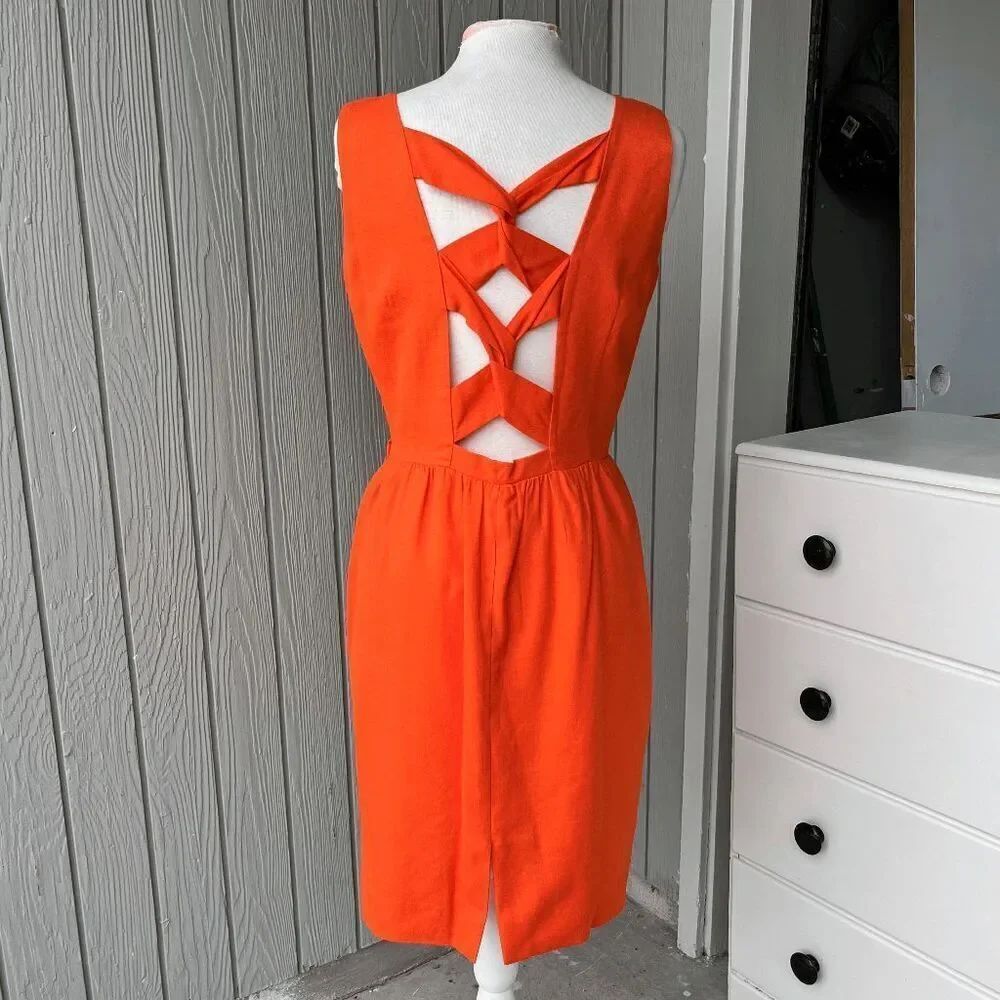 VTG Ann Taylor Orange Lattice Back Wiggle Cocktail Dress USA Sz S/M